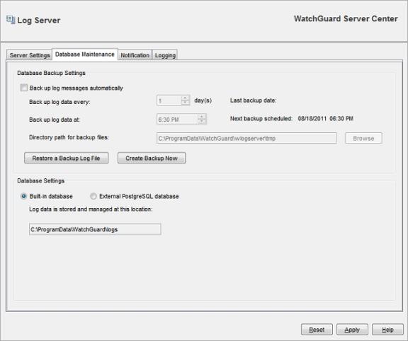 Screen shot of the Log Server Database Maintenance page
