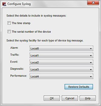 Screen shot of the Configure Syslog dialog box for syslog log format