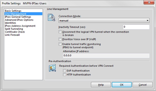Screen shot of the Profile Settings dialog box, Line Management settings