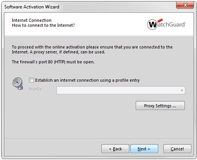 Screen shot of the Software Activation Wizard, Internet Connection step