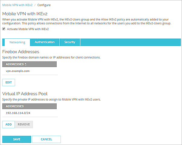 Screen shot of the Mobile VPN with IKEv2 configuration page