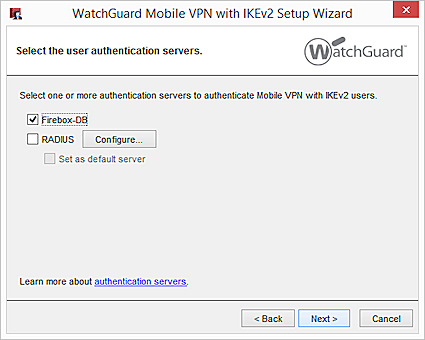 Screen shot of the authentication server settings in the IKEv2 wizard