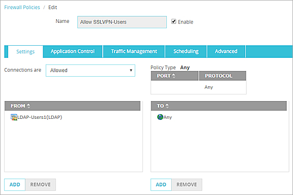 Screen shot of the Allow SSLVPN-Users policy settings