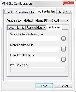 Screen shot of the VPN Site Configuration dialog box, Authentication > Credentials tab