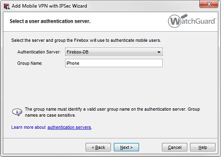 Screen shot of the Select a user authentication server wizard dialog box