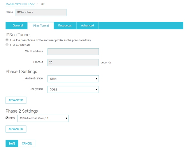 Screen shot of the MVPN with IPSec Settings, edit IPSec page, IPSec Tunnel tab