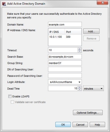 Authentication Servers dialog box - Active Directory tab