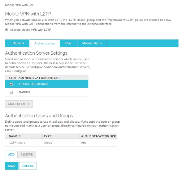 Screen shot of the Mobile VPN with L2TP page, Authentication tab