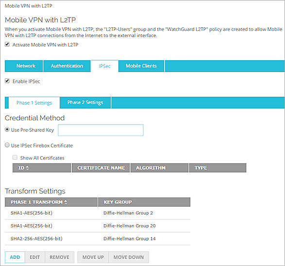 Screen shot of the Mobile VPN with L2TP page, IPSec, tab, Phase 1 settings