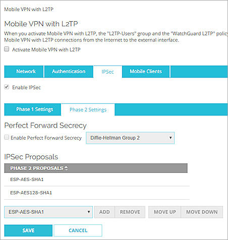 Screen shot of the Mobile VPN with L2TP page, IPSec Phase 2 settings