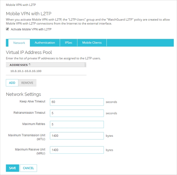 Screen shot of the Mobile VPN with L2TP page, Network tab