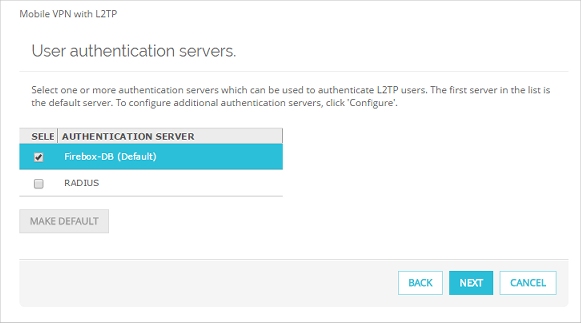 Screen shot of the Mobile VPN with L2TP Setup Wizard, user authentication page.
