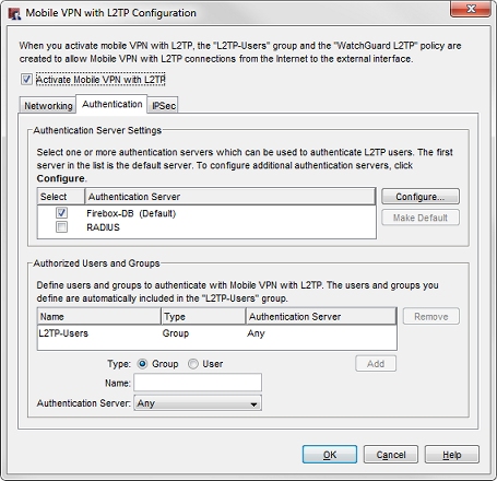 Screen shot of the Mobile VPN with L2TP Configuration dialog box, Authentication tab