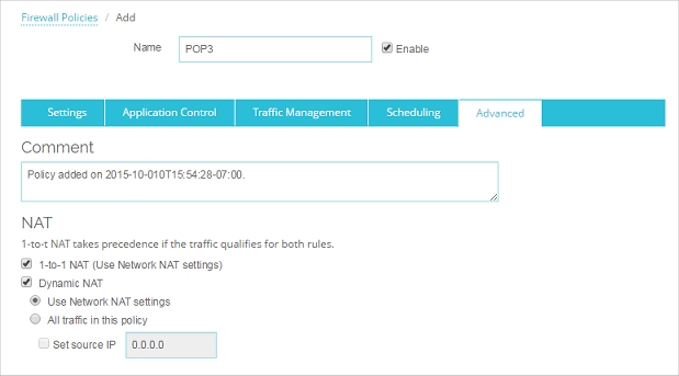 Screen shot of the Policy Configuration page - Advanced tab