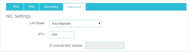 Interface Advanced settings for NIC, Link Speed, MTU, and MAC Address Override