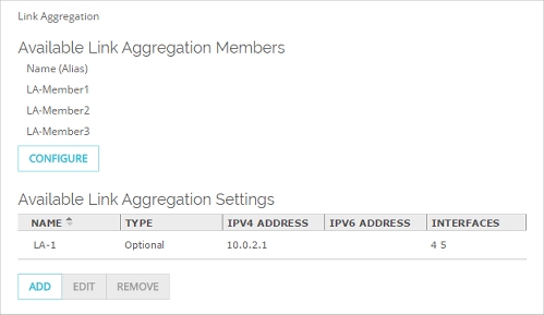 Screen shot of the Link Aggregation page in Fireware Web UI