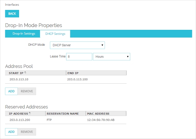 Screen shot of DHCP Settings in Drop-in Mode Properties
