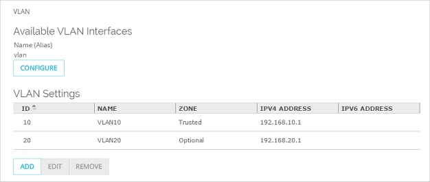 Screenshot of the VLANs page, with both VLANs completed.