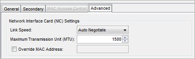 Interface Advanced settings for NIC, Link Speed, MTU, and MAC Address Override