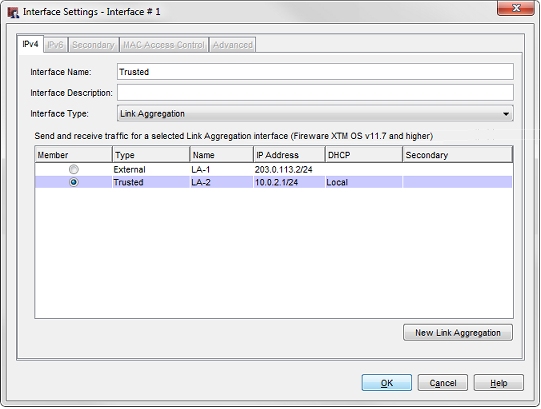 Screen shot if the Interface Settings dialog box with Interface Type Link Aggregation selected.