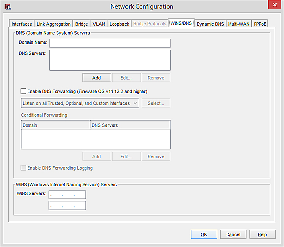 Screen shot of the Network Configuration dialog box WINS/DNS tab