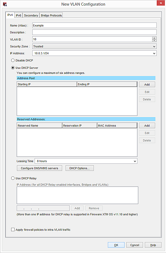 Screen shot of New VLAN Configuration dialog box