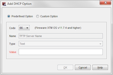 Screen shot of the Add DHCP Option dialog box for a Predefined Option