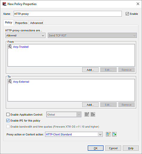 Screen shot of the New Policy Properties dialog box for the HTTP-proxy