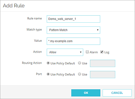 Screen shot of the Add Rule dialog box for a domain name rule in an HTTPS server proxy action in Fireware Web UI