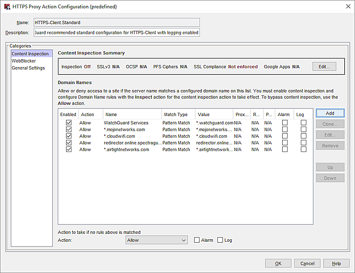 Screen shot of the Content Inspection settings for an HTTP client proxy action in Policy Manager