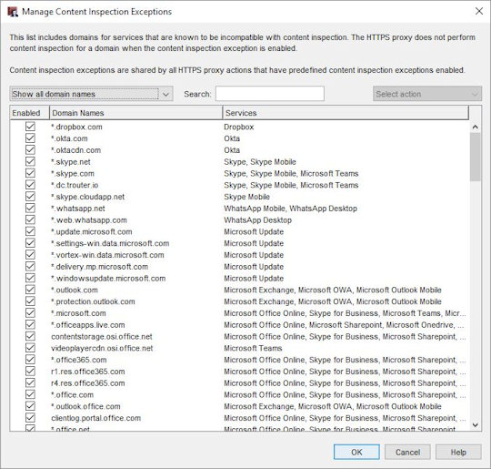 Screen shot of the HTTPS Manage Content Inspection Exceptions dialog box in Policy Manager
