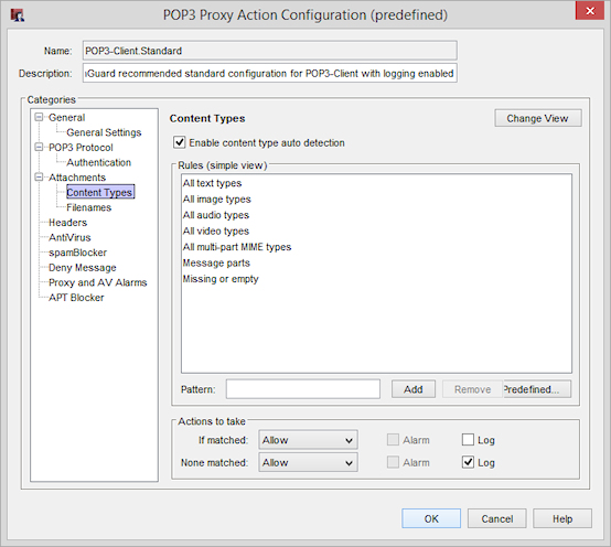 Screen shot of the POP3 Proxy Action Configuration dialog box, Content Types category