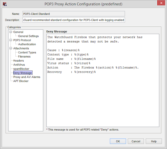Screen shot of the POP3 Proxy Action Configuration dialog box, Deny Message page