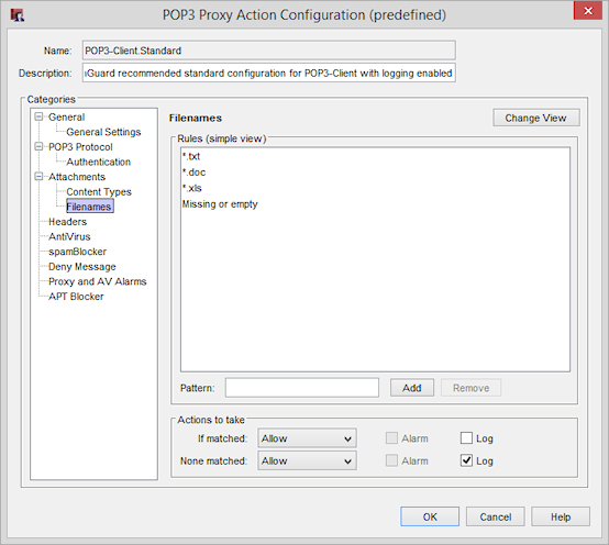 Screen shot of the Filenames rules in a POP3 proxy action in Policy Manager