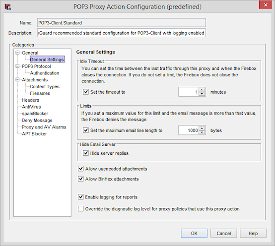 Screen shot of the POP3 Proxy Action Configuration dialog box, General Settings page