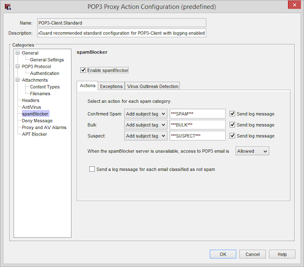 spamBlocker settings for a POP3 proxy action in Policy Manager