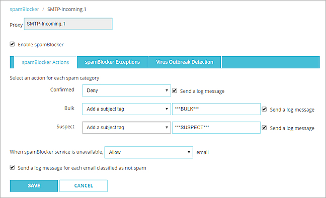 Screenshot of the spamBlocker settings for an SMTP proxy action in Fireware Web UI