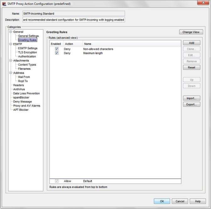 Screen shot of the SMTP Proxy Action Configuration dialog box, Greeting Rules page