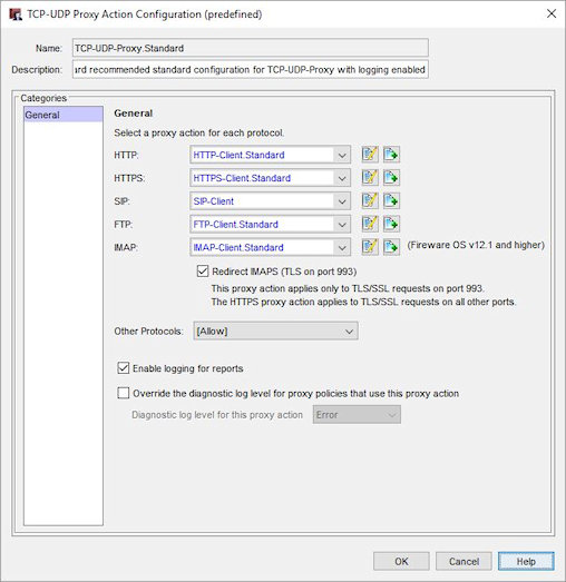 Screen shot of the TCP-UDP Proxy Action Configuration dialog box, General settings category