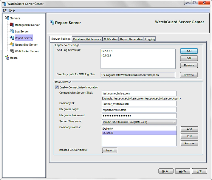 Screen shot of the Report Server ConnectWise Settings