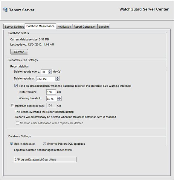 Report Server — Database Maintenace tab