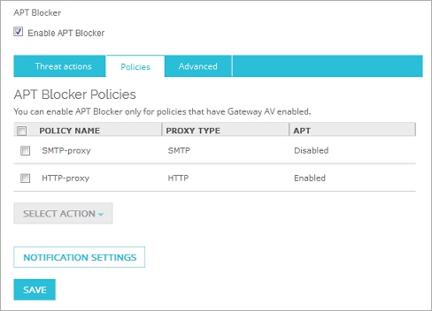 Screen shot of the APT Blocker Policies page