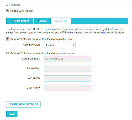 Screenshot of APT Blocker configuration - Advanced tab in Fireware Web UI
