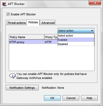 Screen shot of the APT Blocker Service dialog box, Policies tab