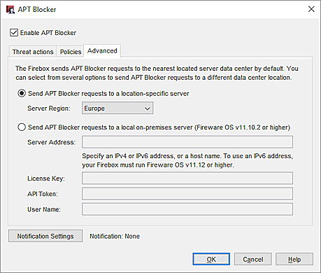 Screenshot of APT Blocker configuration - Advanced tab in Policy Manager