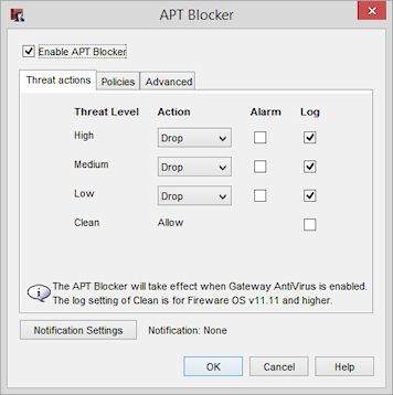 Screen shot of the APT Blocker Service dialog box - Settings tab