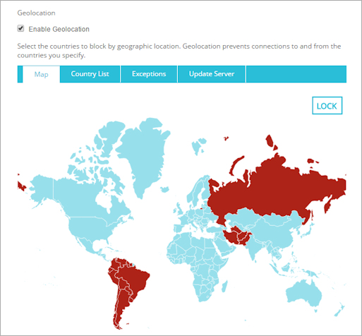 Screen shot of the Geolocation Blocking Map tab in Fireware Web UI