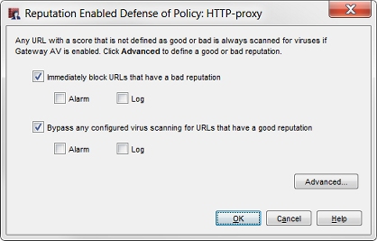 Screenshot of the Reputation Enabled Defense settings dialog box, for an HTTP proxy policy in Policy Manager