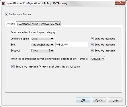 Screen shot of the spamBlocker configuration dialog box for the SMTP proxy