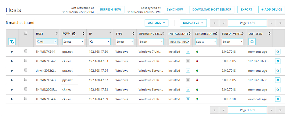 Screen shot of the Hosts page
